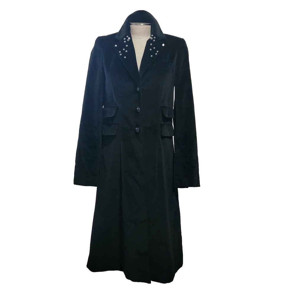 LaRok Vintage Black Velvet Long Trench Coat Embellished Studded Lapel Womens M